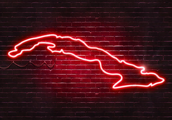 Neon sign on a brick wall in the shape of Cuba.(illustration series)