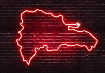Neon sign on a brick wall in the shape of Dominican Republic.(illustration series)