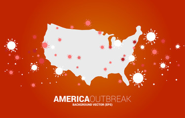 USA map with covid 19 virus shape and particle of Corona virus background. Concept for america outbreak and pandemic.