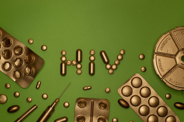 template of hiv word and blister packs on green background - 330864072