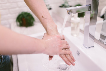 Corona virus hands hygiene coronavirus spreading pandemic prevention header. China outbreak doctor wearing face mask versus man washing hands rubbing soap using hand sanitizer gel