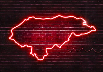 Neon sign on a brick wall in the shape of Honduras.(illustration series)