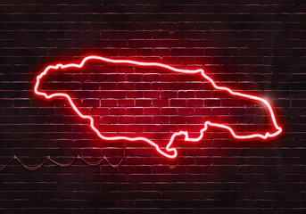 Neon sign on a brick wall in the shape of Jamaica.(illustration series)