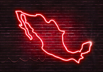 Neon sign on a brick wall in the shape of Mexico.(illustration series)