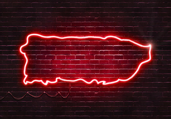 Neon sign on a brick wall in the shape of Puerto Rico.(illustration series)
