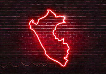 Neon sign on a brick wall in the shape of Peru.(illustration series)
