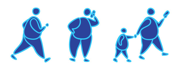 Set of silhouettes of people with bright blue outlines, abstract doodles. Adult overweight people walking, talking, holding child by hand, looking at the phone, using phone, running, exercising. 