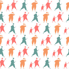 Fototapeta na wymiar Seamless vector pattern with silhouettes of people in doodle style. Adult overweight and obese people walking, talking, holding child by hand, looking at the phone, using phone, running, exercising. 