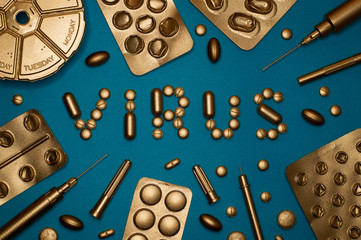 virus word and blister packs on blue background - 330864616