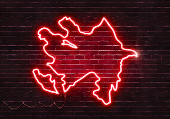 Neon sign on a brick wall in the shape of Azerbaijan.(illustration series)