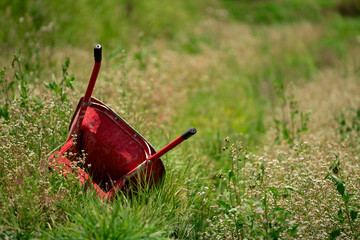 An old red metal wheel barrow lies abandoned in a lush green overgrown field.