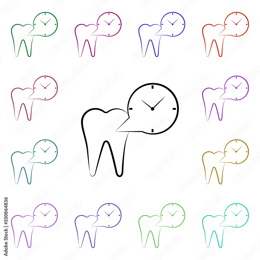 Poster tooth, clock multi color style icon. simple thin line, outline vector of dentist icons for ui and ux