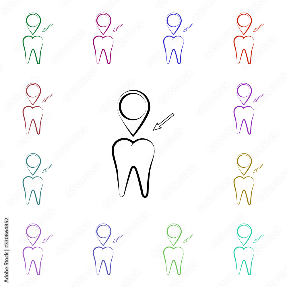 Poster tooth, pin multi color style icon. simple thin line, outline vector of dentist icons for ui and ux, 