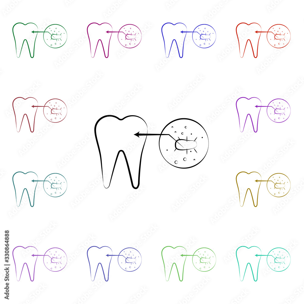 Poster tooth problem, bacterium multi color style icon. simple thin line, outline vector of dentist icons f