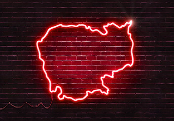 Neon sign on a brick wall in the shape of Cambodia.(illustration series)