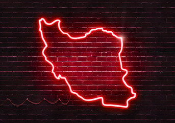Neon sign on a brick wall in the shape of Iran.(illustration series)