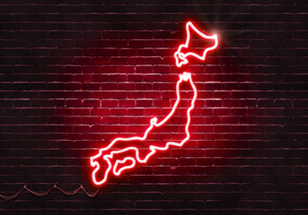 Neon sign on a brick wall in the shape of Japan.(illustration series)