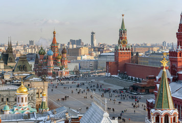 View of the sights of the center of Moscow on Red Square - Spasskaya Tower, Kremlin, Mausoleum and...