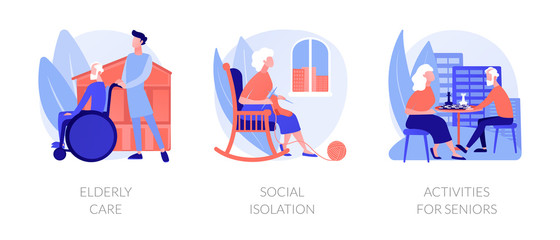 Senior people support flat icons set. Pensioners loneliness problem. Elderly care, social isolation, activities for seniors metaphors. Vector isolated concept metaphor illustrations.