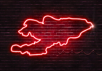 Neon sign on a brick wall in the shape of Kyrgyzstan.(illustration series)