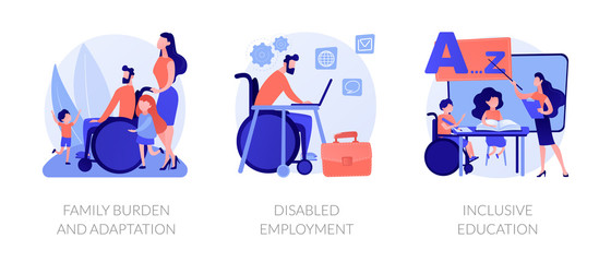 Handicapped people support and rehabilitation flat icons set. Social adaptation of disabled people, disabled employment, inclusive education metaphors. Vector isolated concept metaphor illustrations.