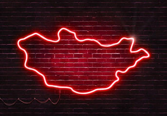 Neon sign on a brick wall in the shape of Mongolia.(illustration series)