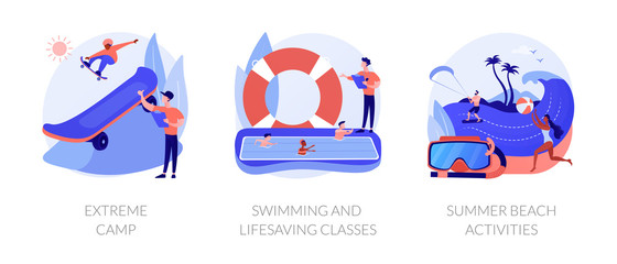 Active hobby and recreation flat icons set. Summer leisure. Extreme camp, swimming and lifesaving classes, summer beach activities metaphors. Vector isolated concept metaphor illustrations.