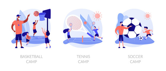 Physical activity classes flat icons set. Professional sportsman training courses. Basketball camp, tennis camp, soccer camp metaphors. Vector isolated concept metaphor illustrations.