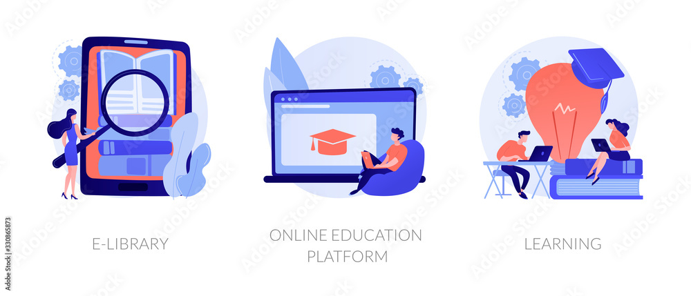 Poster internet bookstore, remote training classes service, academic graduation icons set. e-library, onlin