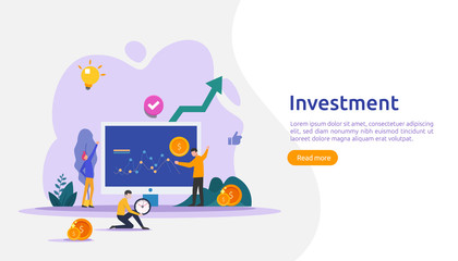 Business investment concept. dollar pile coin, people character, money object. graphic chart increase. Financial growth rising up to success. flat design landing page template vector illustration