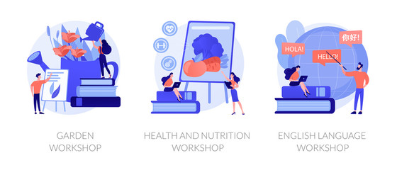 Special gardener, nutritionist and linguist education icons set. Garden workshop, health and nutrition workshop, foreign language workshop metaphors. Vector isolated concept metaphor illustrations