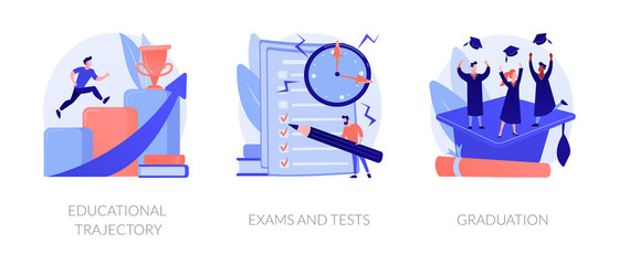 Personal growth, knowledge check, academic certificate obtaining icons set. Educational trajectory, exams and tests, graduation metaphors. Vector isolated concept metaphor illustrations