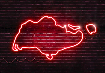 Neon sign on a brick wall in the shape of Singapore.(illustration series)