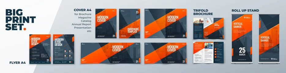Fotobehang Corporate Identity Print Template Set of Brochure cover, flyer, tri fold, report, catalog, roll up banner. Branding design. Business stationery background design collection. © great_bergens