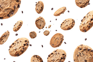 Collection of half chocolate chip cookies on white background - obrazy, fototapety, plakaty