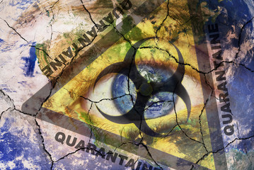 Coronavirus global Pandemic outbreak and quarantine concept. Creative composite of of woman face with cracked World map painted, and biohazard symbol, with the text Quarantaine in French language . 