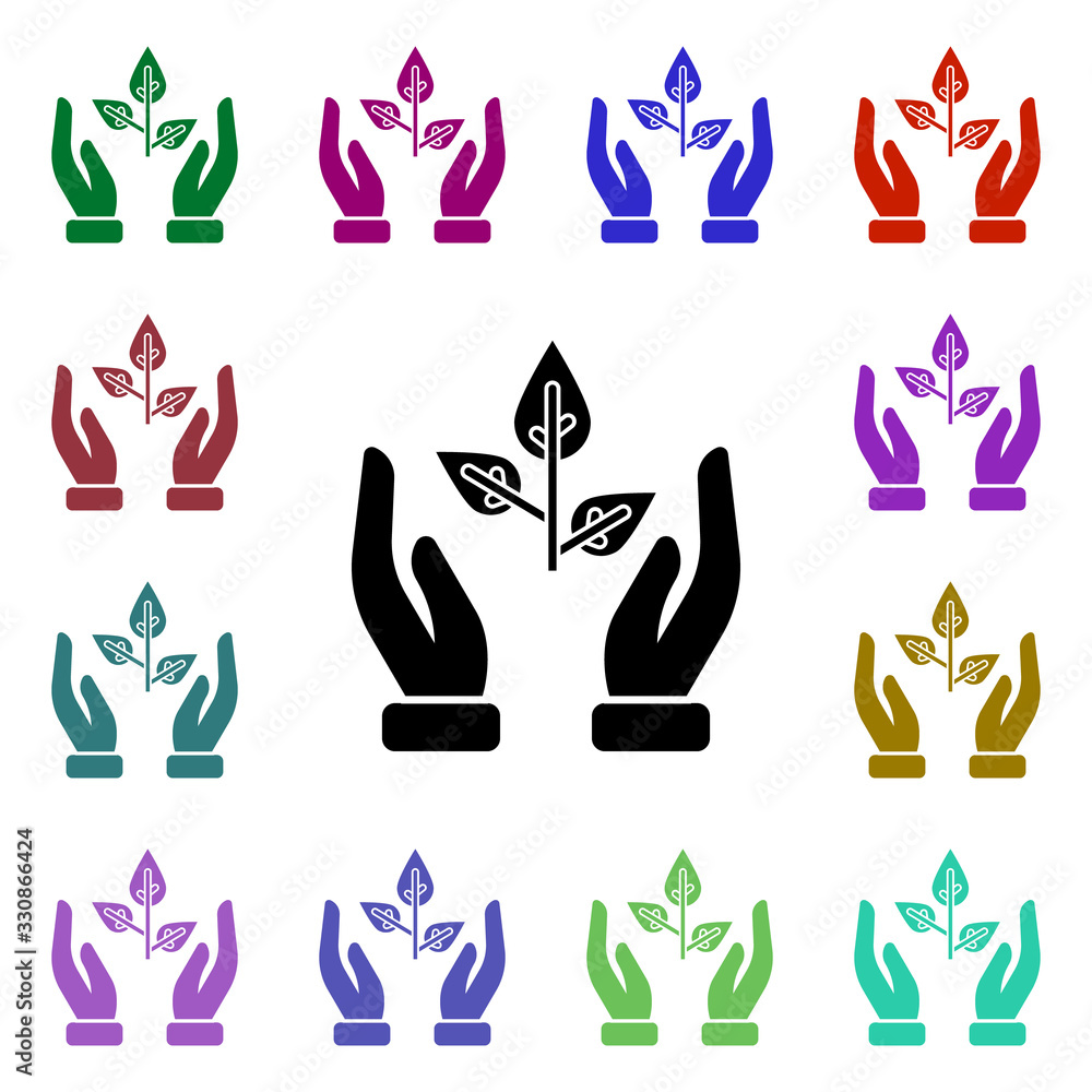 Poster hands, leaf, protect multi color style icon. simple glyph, flat vector of ecology icons for ui and u