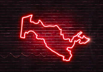 Neon sign on a brick wall in the shape of Uzbekistan.(illustration series)
