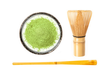  Organic matcha green tea in bowl isolated on white background.