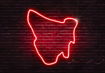 Neon sign on a brick wall in the shape of Tasmania.(illustration series)
