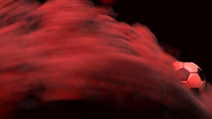 White-Black Soccer ball with red dark toned foggy smoke background. 3D sketch design and illustration. 3D high quality rendering.