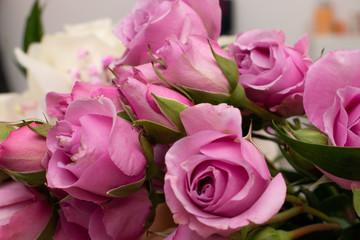 Pink Bush roses close up in the wedding bouquet.Selective focus.