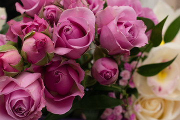 Pink Bush roses close up in the wedding bouquet.Selective focus.