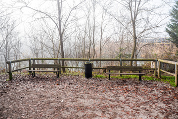 Wooden benches and a metal rubbish bin along a riverbank path covered in fallen leaves on a foggy winter morning. A bridge is visible in background.