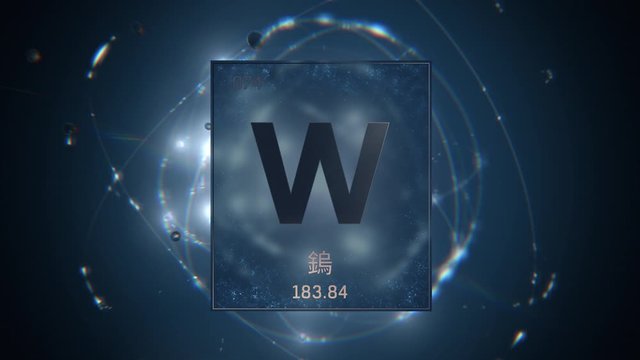 Tungsten as Element 74 of the Periodic Table. Seamlessly looping 3D animation on blue illuminated atom design background orbiting electrons name, atomic weight element number in Chinese language