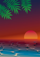 Fototapeta na wymiar Sunset waterside palm leaf background material