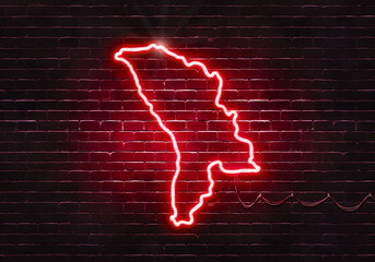 Neon sign on a brick wall in the shape of Moldava.(illustration series)