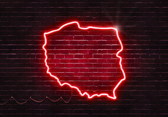 Neon sign on a brick wall in the shape of Poland.(illustration series)