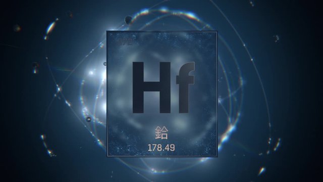 Hafnium as Element 72 of the Periodic Table. Seamlessly looping 3D animation on blue illuminated atom design background orbiting electrons name, atomic weight element number in Chinese language