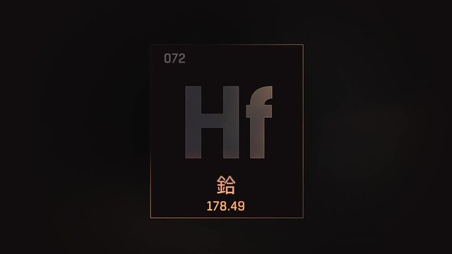 Hafnium as Element 72 of the Periodic Table. Seamlessly looping 3D animation on grey illuminated atom design background orbiting electrons name, atomic weight element number in Chinese language